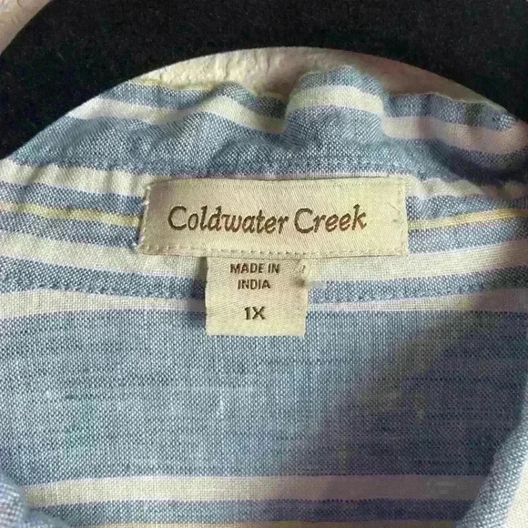 Coldwater Creek Size 1X Linen Button Down Shirt Stripes Costal Longsleeve Blue - Picture 6 of 7